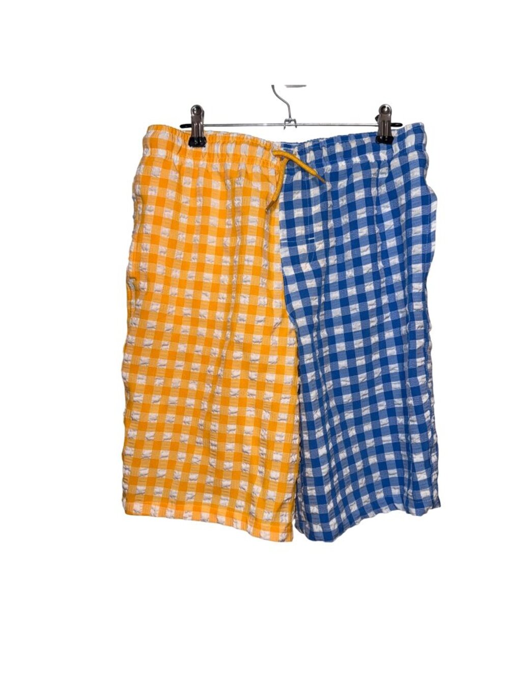 Two-Tone Gingham Checkered Drawstring Swim Trunks XL Yellow & Blue